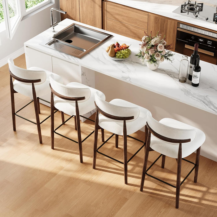 26″ Bar Stools Set of 4, Counter Height Bar Stools with Wood Legs, Upholstered Modern Kitchen Barstools with Back, Linen Fabric, Metal Footrest, for Kitchen Island Dining Room Bar, Beige