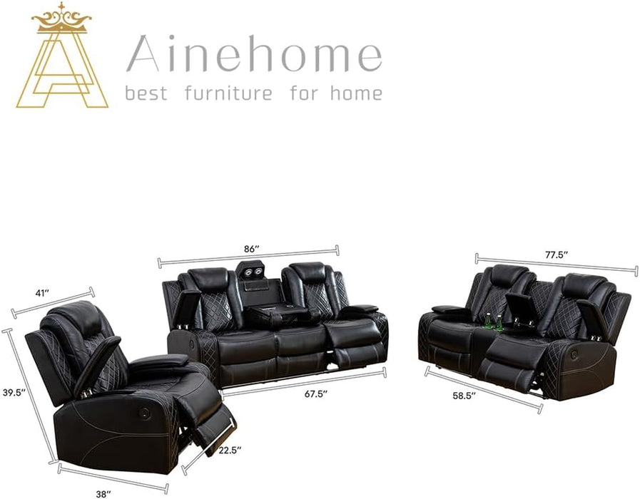 Luxury Living Room Furniture Sets Power Recliner Sectional Sofa Recliner Couch Set Recliner Leather Couch and Recliner Set Loveseat Chair for House/Office/Theater Seating(A-Black)
