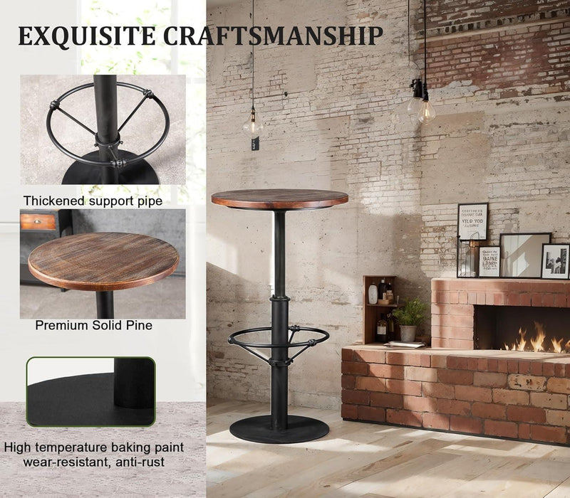 42" Tall Rustic Industrial Bar Table-19.68" Dia round Wooden Top Metal Bar Height Adjustable Standing Pub Table-Dining Room Bistro Table-Cocktail Table