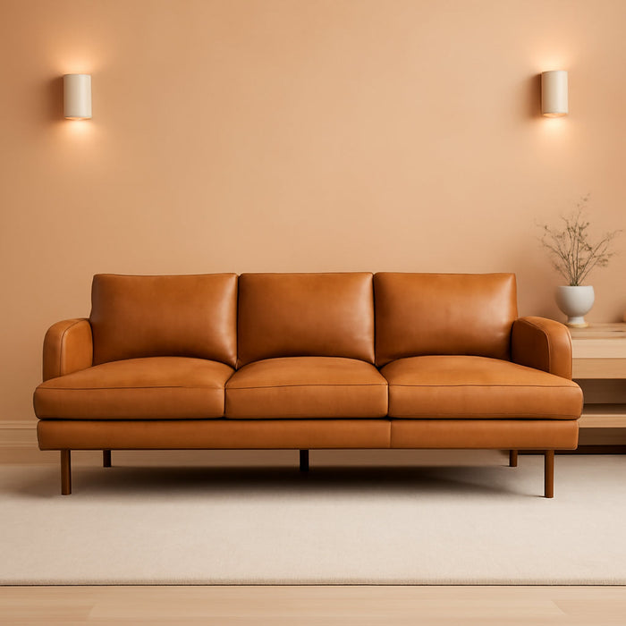 Valencia Grosseto 87” Cognac Tan Brown 3 Seater Full Leather Sofa | Mid Century Italian Nappa Leather Couch for Living Room Furniture | Double Stitched Seams, Removable Cushions