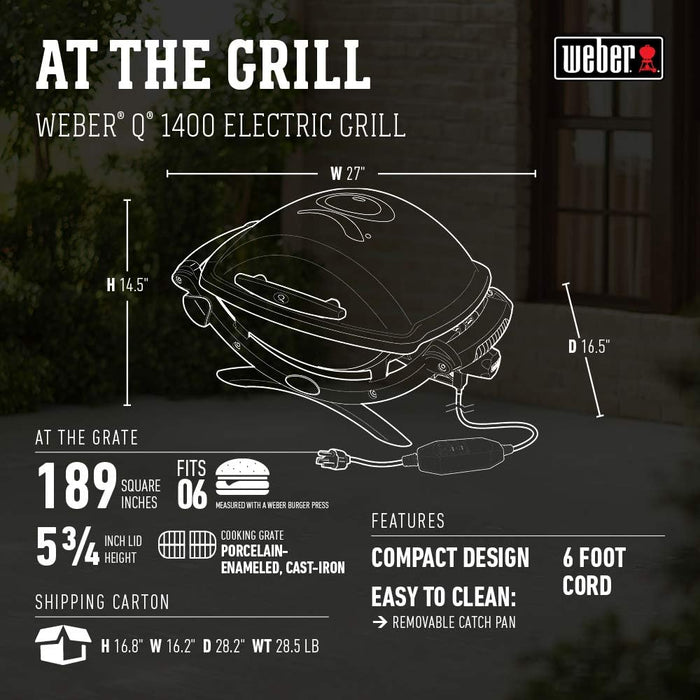 Weber Q1400 Electric Grill, Gray – Portable 1560‑Watt Outdoor Electric BBQ with Porcelain‑Enameled Cast‑Iron Grates – Compact Balcony & Patio Grill with Infinite Control Settings