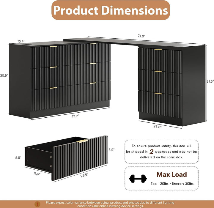 L-Shaped Rotatable 9 Drawer Dresser for Bedroom, 71" Wide Deformable Black Dresser with Gold Metal Handles, Modern Fluted Chest of Drawers for Bedroom, Living Room, Entryway, Hallway