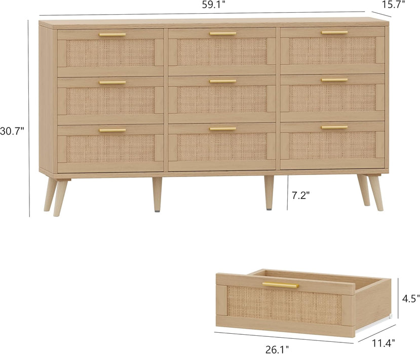 9 Drawer Double Dresser for Bedroom, Rattan Chest of Dressers, Modern Wooden Dresser Chest with Golden Handles, beside Table for Closet, Living Room and Entryway, Natural
