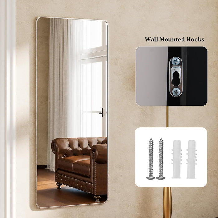 Silver Full Length Mirror 21 X 56 Inch Nano Floor Mirrors with Stand Rounded Corner Full Body Mirrors with Aluminum Alloy Frame for Bedroom Living Room Checkroom