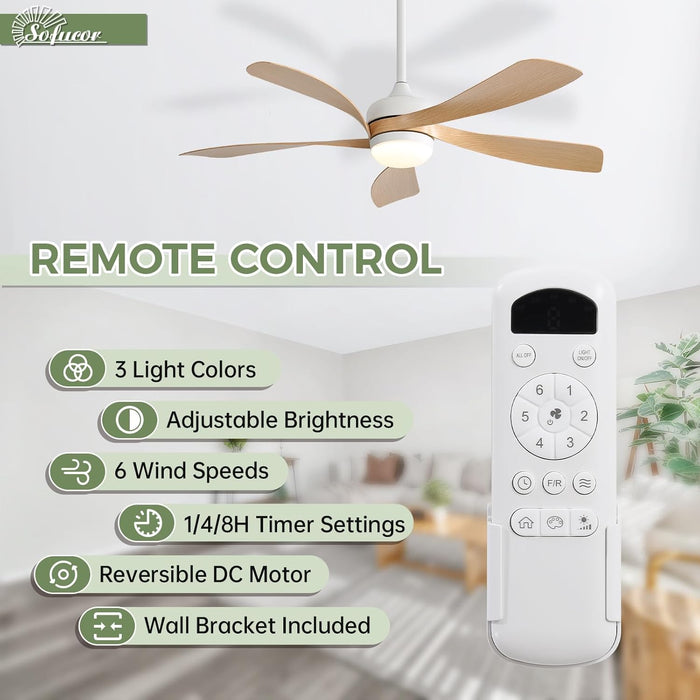52 Inch Ceiling Fans with Lights and Remote, Outdoor Ceiling Fan with Light 6-Speed 3 CCT 3-Timer, Modern Low Profile Ceiling Fan 5 Blade Reversible DC Motor for Living Room Bedroom Patio