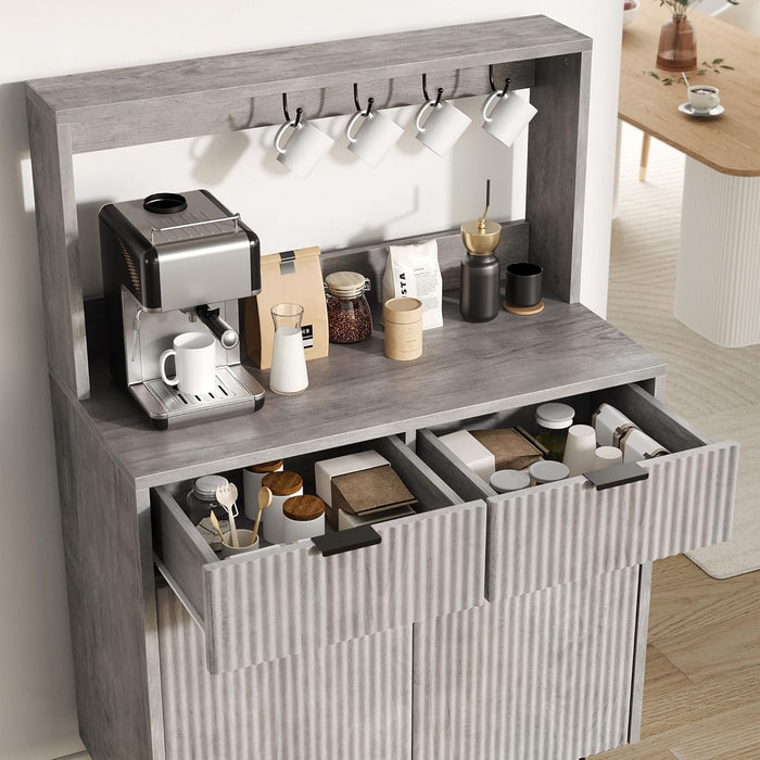 Fluted Sideboard Buffet Cabinet with Storage, Modern Coffee Bar Cabinet with Adjustable Shelves & 2 Drawers, Wood Buffet Console Table for Dining Room Living Room Kitchen Entryway, Grey