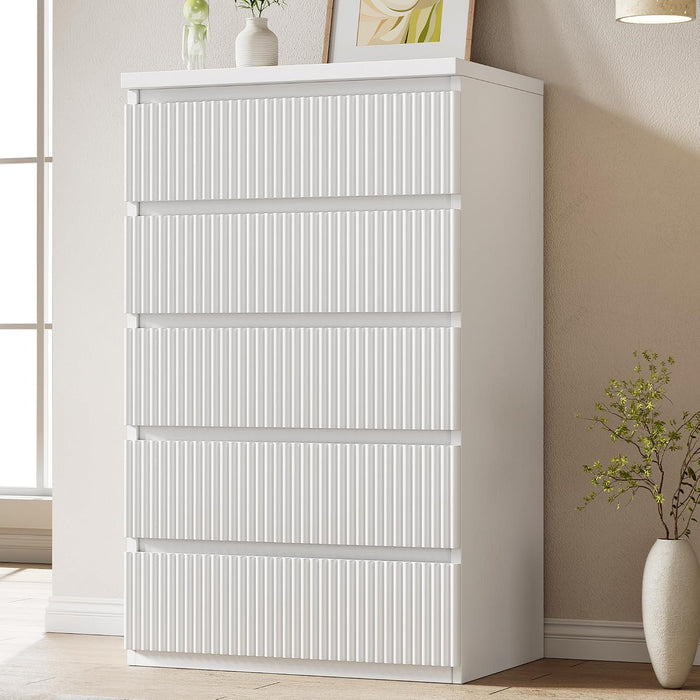 Fluted 5 Drawer Dresser, 43" Tall Dresser for Bedroom, Modern Fluted Chest of Drawers, Wood Drawer Organizer for Living Room, Bedroom, Entryway, Hallway (White)