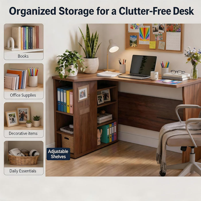L Shaped Desk with Storage Shelves, Small Corner Desk for Small Spaces, Corner Table with 3 Tier Shelves, Home Office, Writing Study Gaming Desk, Walnut Wood