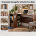 L Shaped Desk with Storage Shelves, Small Corner Desk for Small Spaces, Corner Table with 3 Tier Shelves, Home Office, Writing Study Gaming Desk, Walnut Wood