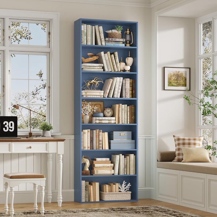 82" Tall Bookshelf Bookcase, 7-Tier Open Display Shelves, Blue