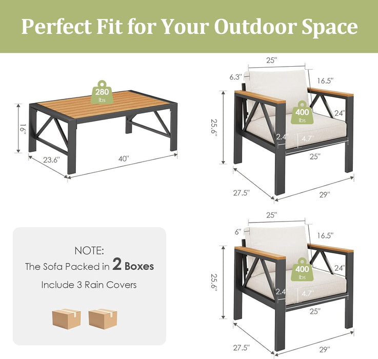 Aluminum Outdoor Patio 2 PCS Armchair Set, Washable Thick Cushions, All-Weather Modern Metal Furniture for Garden, Backyard, Porch, Oatmeal