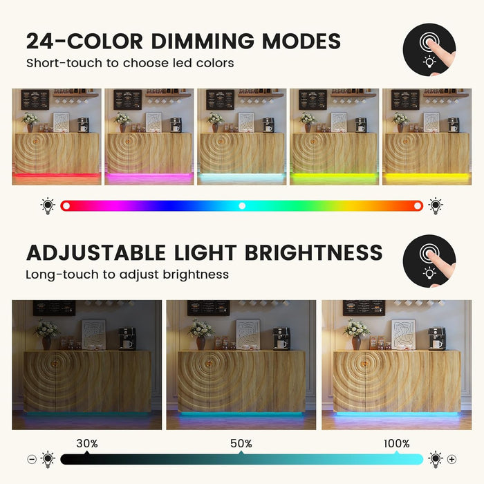 63" Sideboard Buffet Cabinet with Storage, Large Coffee Bar Cabinet with RGB Lights and Power Outlet, Modern Console with 4 Doors for Kitchen and Living Room, Wood Color