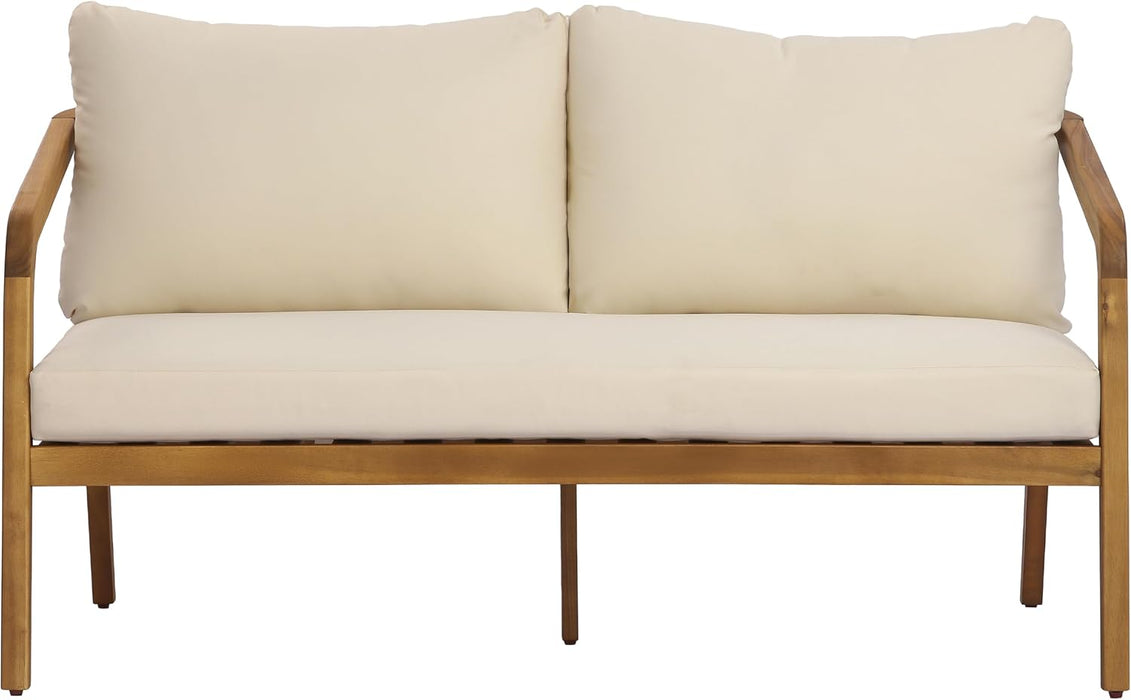 Kai 4 Piece Patio Furniture Set with Slatted Coffee Table, Outdoor Sofa Set with PE Wicker Backrest & Cushions, Acacia Wood Conversation Set for Backyard,Cream+Light Brown+Teak