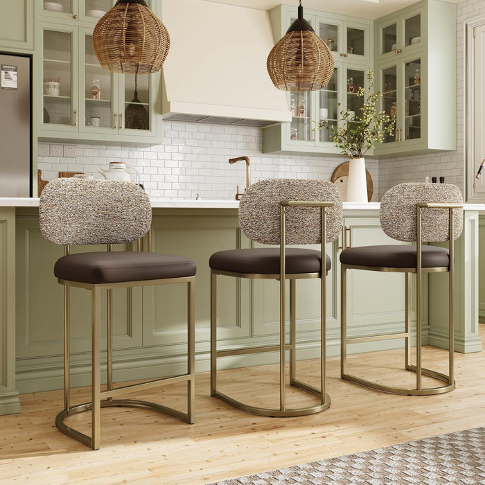Counter Height Bar Stools Set of 3, Kitchen Barstools with Back | 24 Inch Modern Bar Stool, Metal Gold Barstool for Kitchen Island, Faux Leather Countertop Stools, Taupe