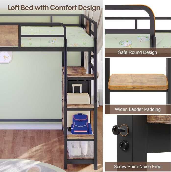 Twin Loft Bed with Desk, Twin Bed Frame with 6 Storage Drawers, 2 Bedside Organizer,3 Movable Hooks,Led Lights & Charging Station,Bunk Bed with Desk, Clothes Rack,Safety Guardrail,Rustic Brown