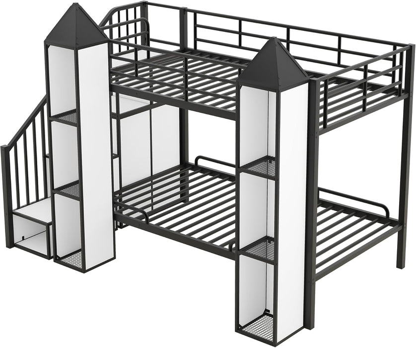 Twin over Twin Metal Bunk Bed with Stairs and Storage Wardrobe, Castle-Shaped Bunk Bed Heavy-Duty Steel Frame, Noise Free,For Kids Teens Adults, Black+White