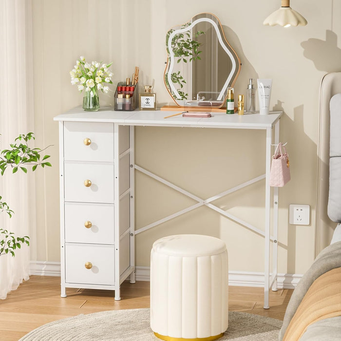 Vanity Desk No Mirror, Small Makeup Vanity with 4 Fabric Drawers, White Dressing Table for Small Spaces, 35.4 Inches Girls Makeup Table Bedroom