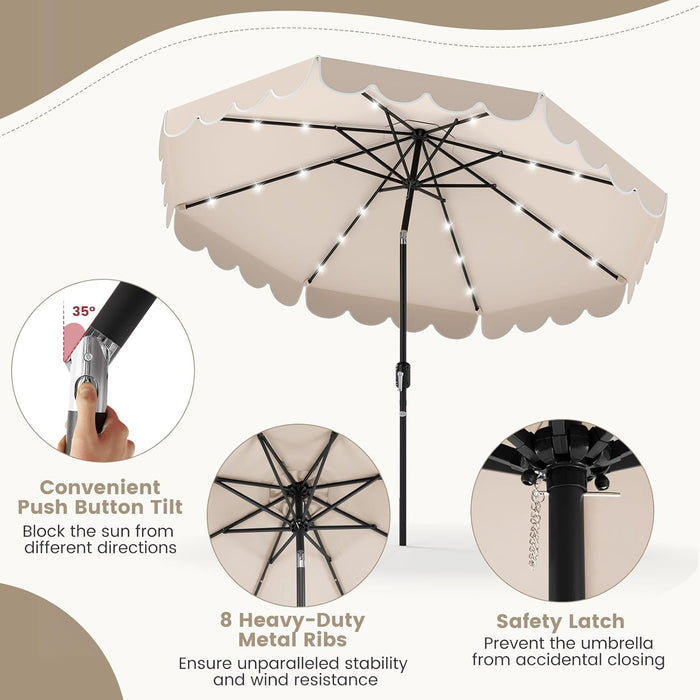 9 FT Solar Patio Umbrella, 2-Tiers Scalloped Outdoor Table Market Umbrella with 24 LED Lights, Vented Top, Tilt Adjustment, Crank, 8 Ribs for Backyard Poolside Deck Beach Lawn (Beige)