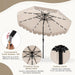 9 FT Solar Patio Umbrella, 2-Tiers Scalloped Outdoor Table Market Umbrella with 24 LED Lights, Vented Top, Tilt Adjustment, Crank, 8 Ribs for Backyard Poolside Deck Beach Lawn (Beige)