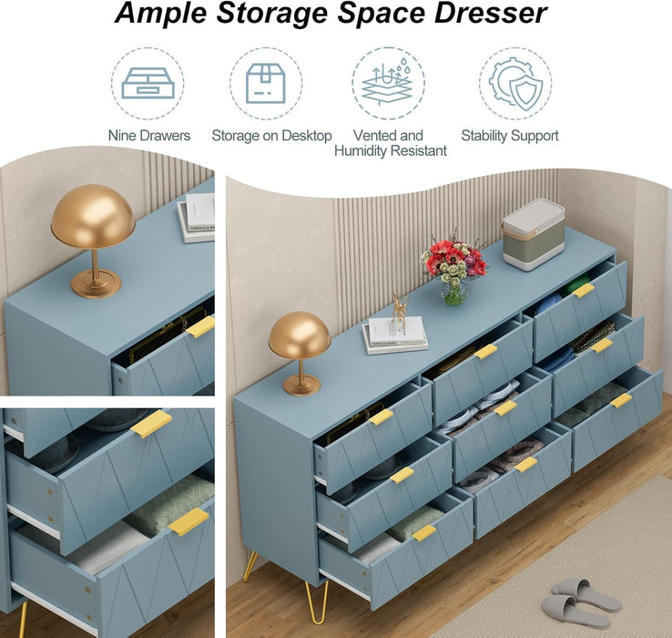 9 Drawer Dresser, Storage Dresser with Wide Drawers and Metal Handles,Wood Storage Chest of Drawers for Living Room,Bedroom,Entryway,Hallway (Blue)