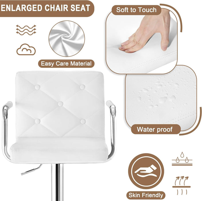 Adjustable Bar Stools Set of 2, Swivel PU Leather Counter Height Barstool with Back and Arms for Kitchen/Island, White