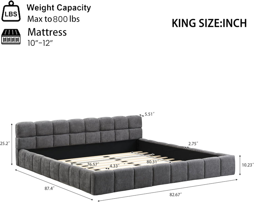 King Size Elegant Chenille Upholstered Platform Bed with Thick Headboard and Footboard, Block Style Upholstery Grounded Bed Frame, Gray