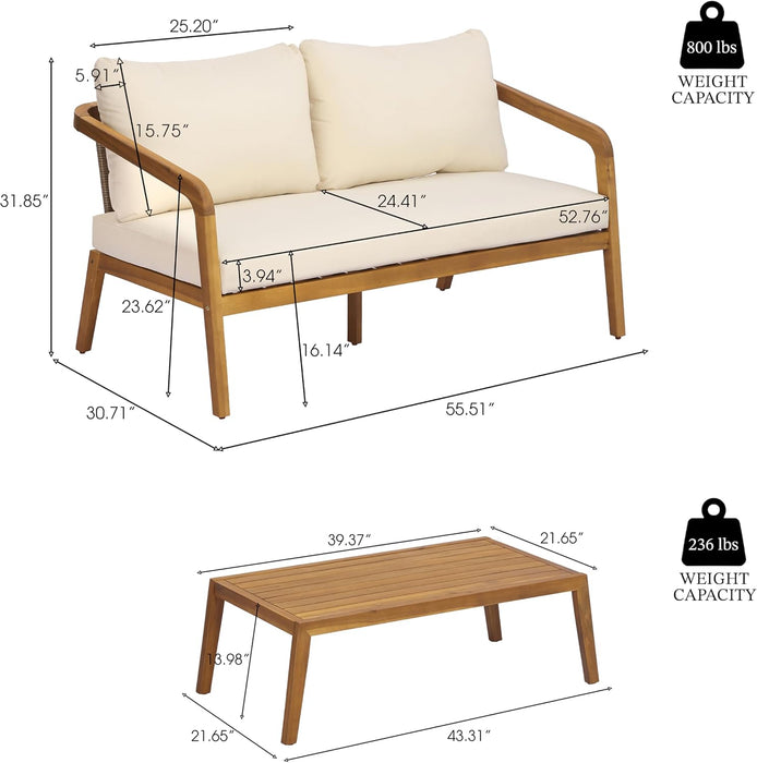 Kai 4 Piece Patio Furniture Set with Slatted Coffee Table, Outdoor Sofa Set with PE Wicker Backrest & Cushions, Acacia Wood Conversation Set for Backyard,Cream+Light Brown+Teak