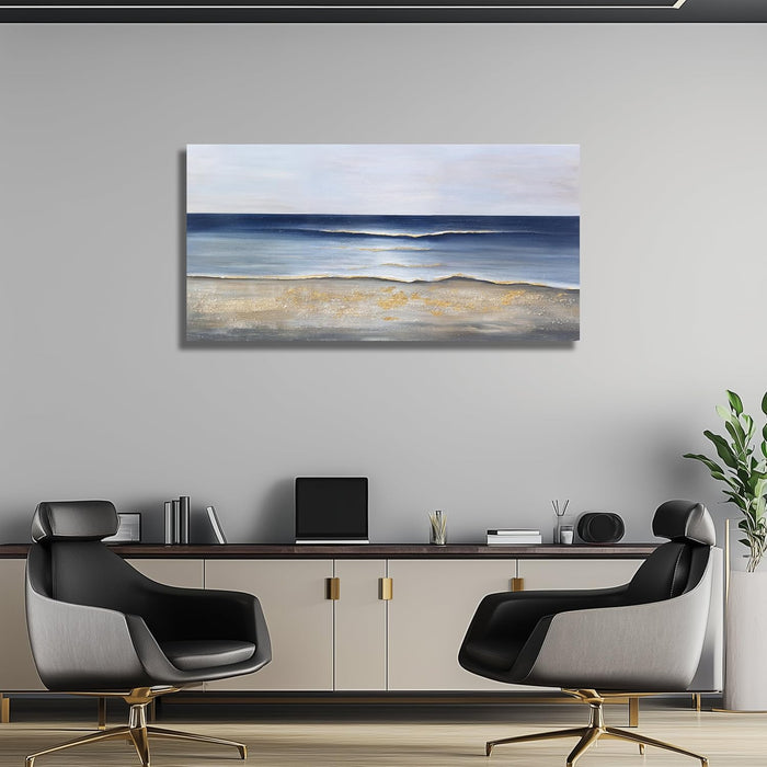 Ocean Wall Art Blue and Gold Modern Minimalist Wall Decor Sea Wave and Beaches Canvas Painting for Living Room Bedroom Dinning Room Home Office Home Decor 24X48 Inch