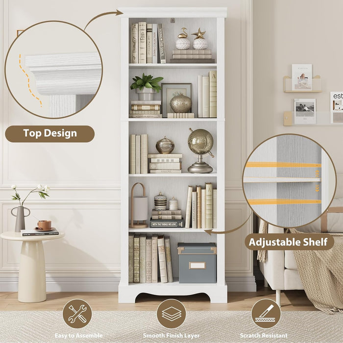 5-Tier Bookshelves and Bookcases, 61.1 Inch Tall Bookshelf with Ample Storage Space, Wooden Bookcase with Unique Design, Modern Bookshelf for Study Room, Living Room, Home Office, Bedroom (White)