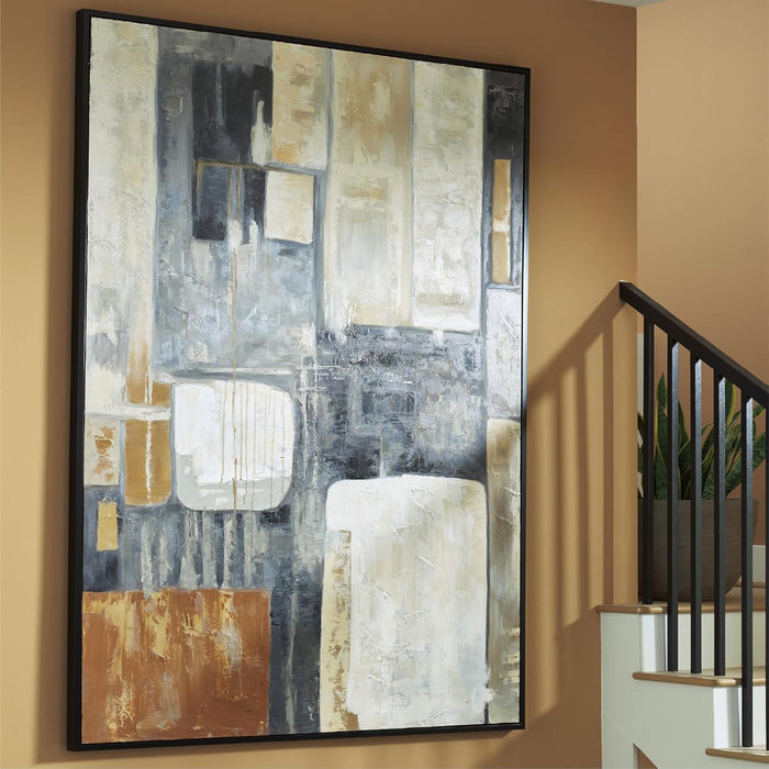 Howford Contemporary Rectangular Abstract Framed Hand-Painted Wall Art 48 X 72 Inches, Black & Gray