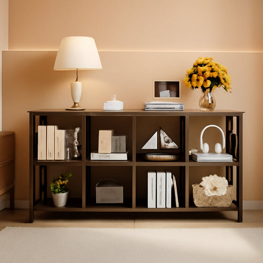 8 Cube Storage Organizer Bookshelf, 62 Inch Rustic Wood Horizontal Bookcase, Farmhouse Cube Long Book Shelf, TV Console Stand for Living Room (Dark Walnut)