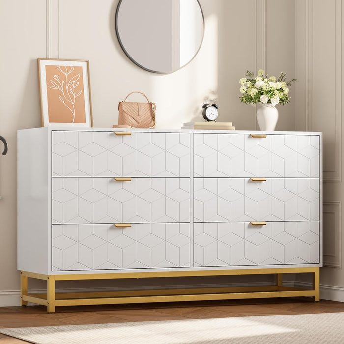 6 Drawer Dresser, White Modern 54" Large Dresser for Bedoom