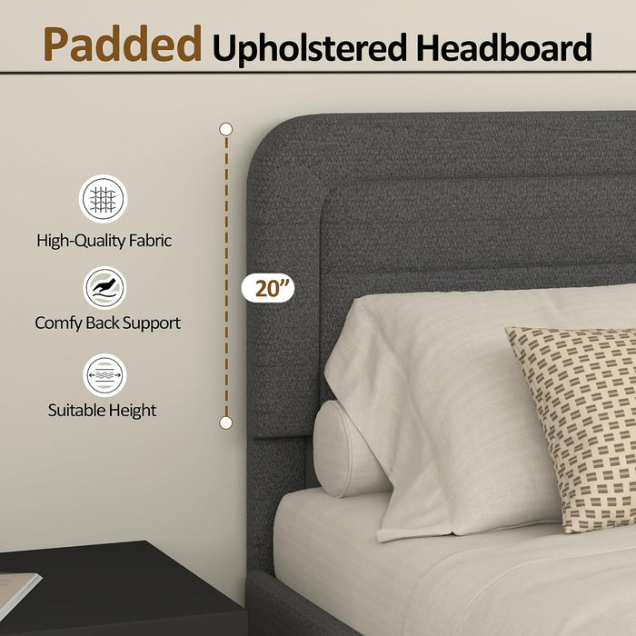 Queen Size Bed Frame with Chenille Striped Headboard, Dark Gray