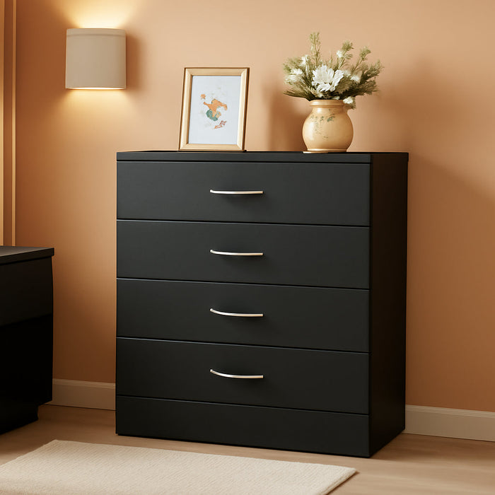 Black 4 Drawer Dresser for Bedroom, Modern Nightstand Storage Chest of Drawer, Wooden Side Table End Table, Living Room, Reception Room