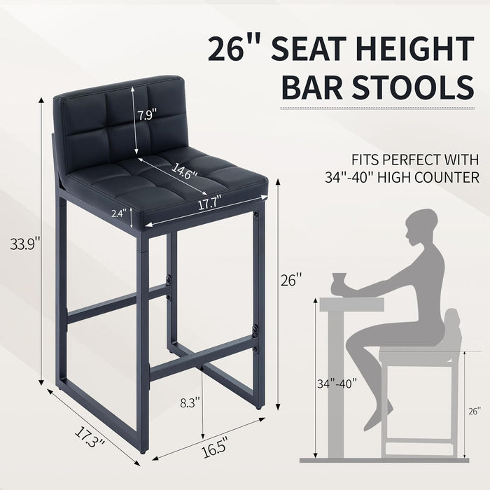 Bar Stools Set of 3, Upholstered Faux Leather Counter Height Barstools with Low Back and Thickened Metal Legs, Modern Bar Chairs for Kitchen Island, Bar (Black, 3Pcs 26" Counter Stools)