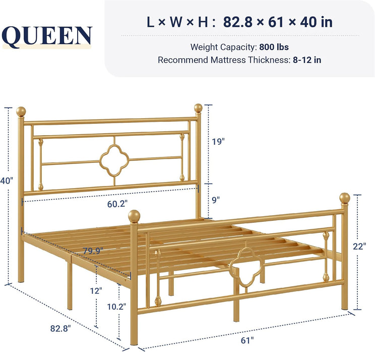 Queen Size Metal Platform Bed Frame, Victorian Headboard, Gold