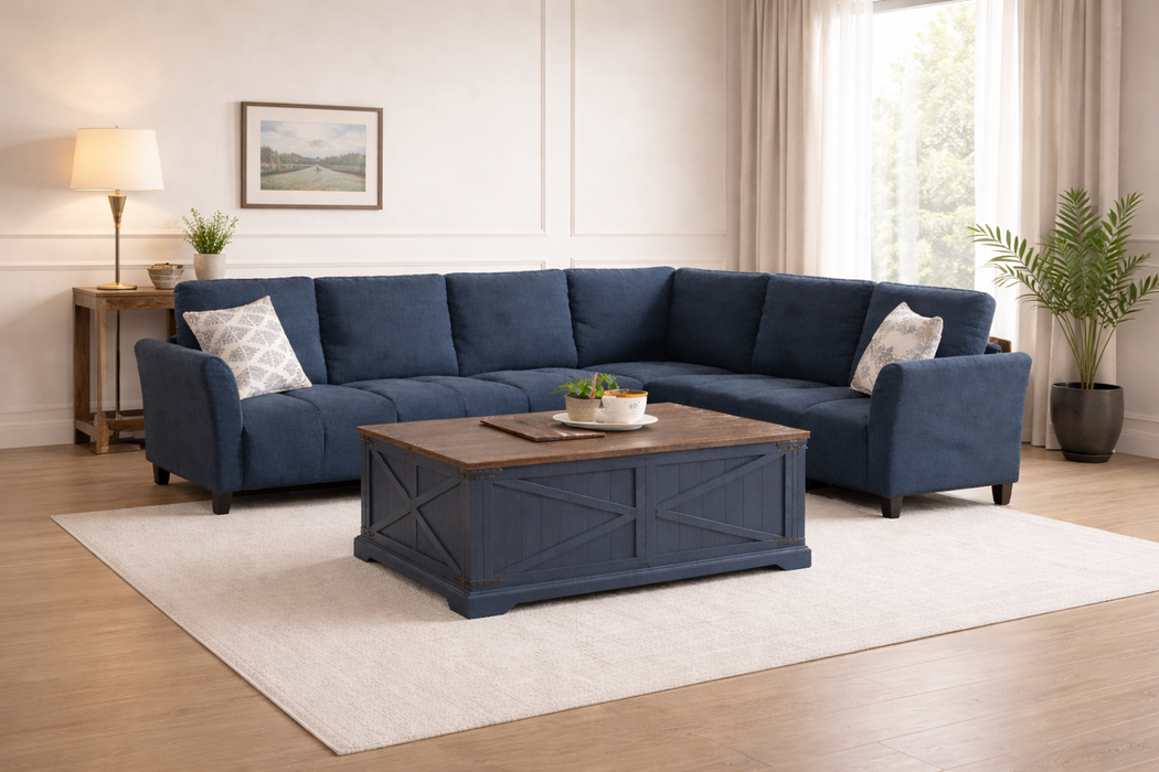103 Inch Blue L-Shaped Sectional Sofa with Lift Top Storage Coffee Table Set