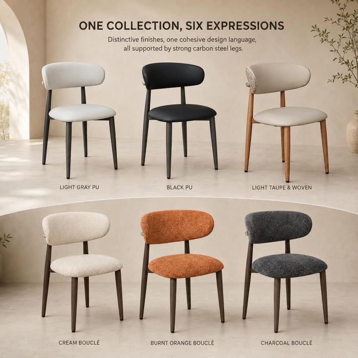 Dining Chairs Set of 4, Modern Bouclé Fabric Upholstered Kitchen & Dining Room Chairs with Ergonomic Back, Walnut Wood-Grain Metal Legs, Dark Gray
