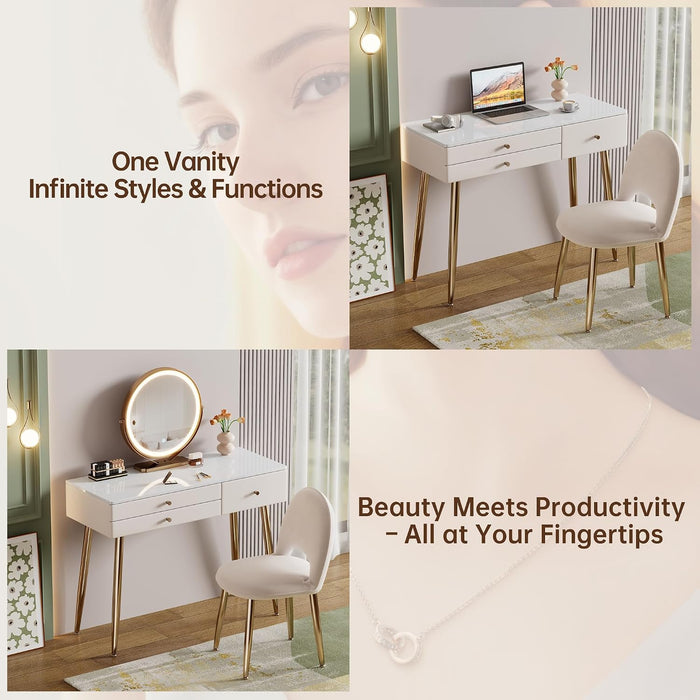 Vanity Desk with Mirror and Lights| 39" Beige Modern Makeup Vanity Set with Drawers & Adjustable Chair| White and Gold Dressing Table for Small Spaces & Bedroom