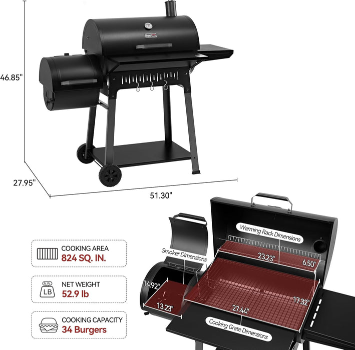 Barrel Charcoal Grill with Offset Smoker, 824 Sq. In. Cooking Area,Frame Tool Hooks, Bottom Shelf, Blow-Molded Wheels, Outdoor Charcoal Grill for Backyard Cooking, Black, CC1831S-SC