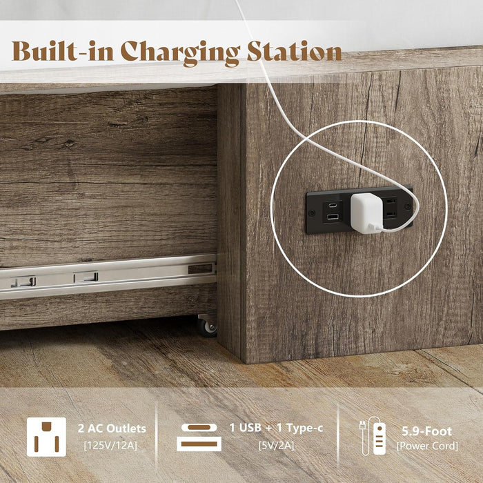 Full Size Murphy Bed, Farmhouse Wooden Cabinet with Charging Station and Storage Drawer for Bedroom/Office/Guest Room, Grey Oak