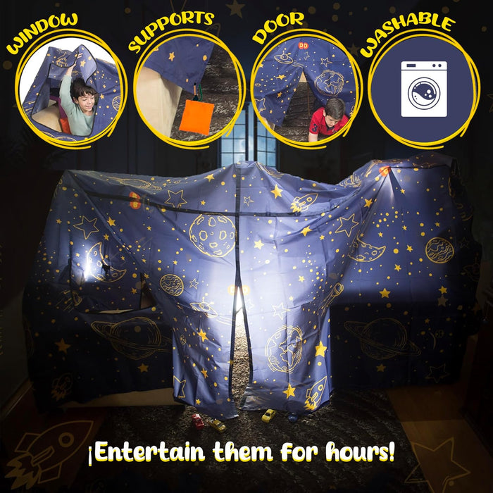 Space Original Blanket Fort Building Kit for Kids, 4 Blanket  Toy, Make a Portable Playhouse, Play Tent Boy and Girl Indoor Outdoor Build Set, STEM Children Toy, Ages 4, 8, 12 +