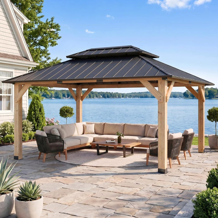 12' X 16' Wooden Gazebo,Patio Hardtop Gazebo Wood,Diy Color Permanent Pavilion with Galvanized Steel Double Metal Roof for Backyard, Deck(Windproof, Snow-Load Bearing, Waterproof, Rustproof)