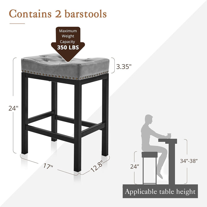 Bar Stools Set of 2, 24 Inch Saddle Backless Faux Leather Counter Height Stools with Black Metal Legs, Dark Gray
