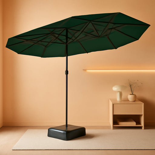 15FT Double Sided Patio Umbrella with Base Included Large Outdoor Market Umbrella with Crank Handle, UV Resistant Canopy, Sturdy Frame for Garden, Poolside, Deck, Forest Green