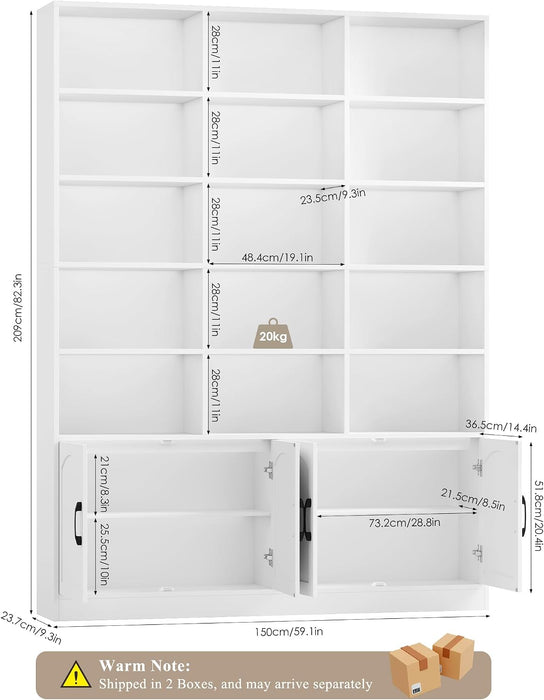 82.3" Triple Wide Bookshelf, Tall Bookcase with 4 Doors, White