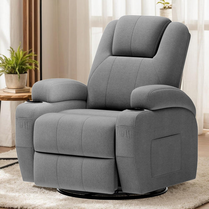 Swivel Rocker Recliner Chair with Vibration Massage, 360° Swivel Recliner Chairs for Adults Ergonomic Lounge Chair with Cup Holders Lazy Boy Recliner Single Sofa Seat (Fabric, Gray)