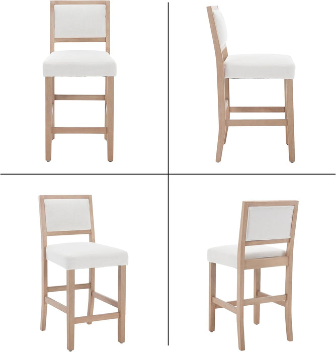 Beige Bar Stools Set of 2, 26" Farmhouse Counter Height Barstools, Linen Upholstered Bar Chairs with Back and Natrual Wood Legs for Kitchen Island/Breakfast Bar/Home Pub