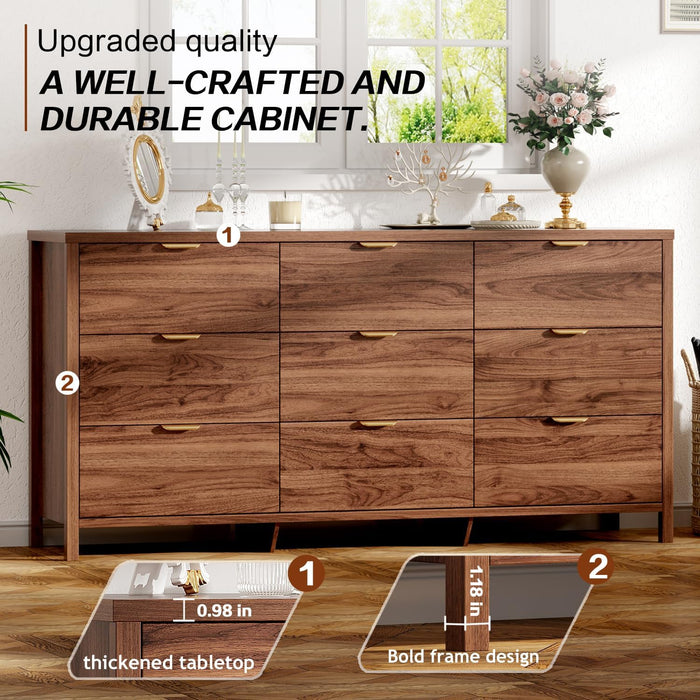 Fluted Dresser for Bedroom with 9 Drawers, 63" Modern Chest of Drawers, Dresser TV Stand, Wood Drawer Organizer for Living Room, Hallway, Chestnut