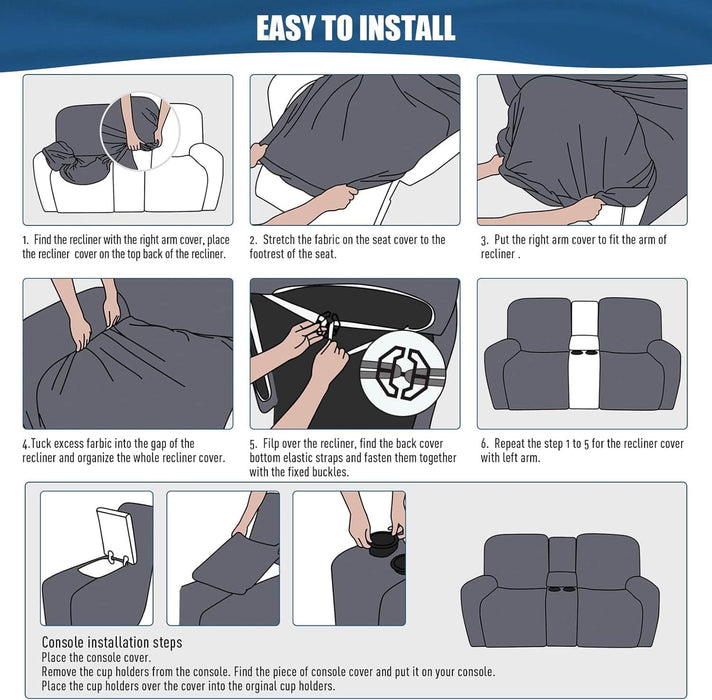 Reclining Loveseat with Middle Console Slipcover, 4 Piece Polyester Fabric Stretch Loveseat Reclining Sofa Covers (Dark Gray, 2 Seat Recliner Cover with Console)